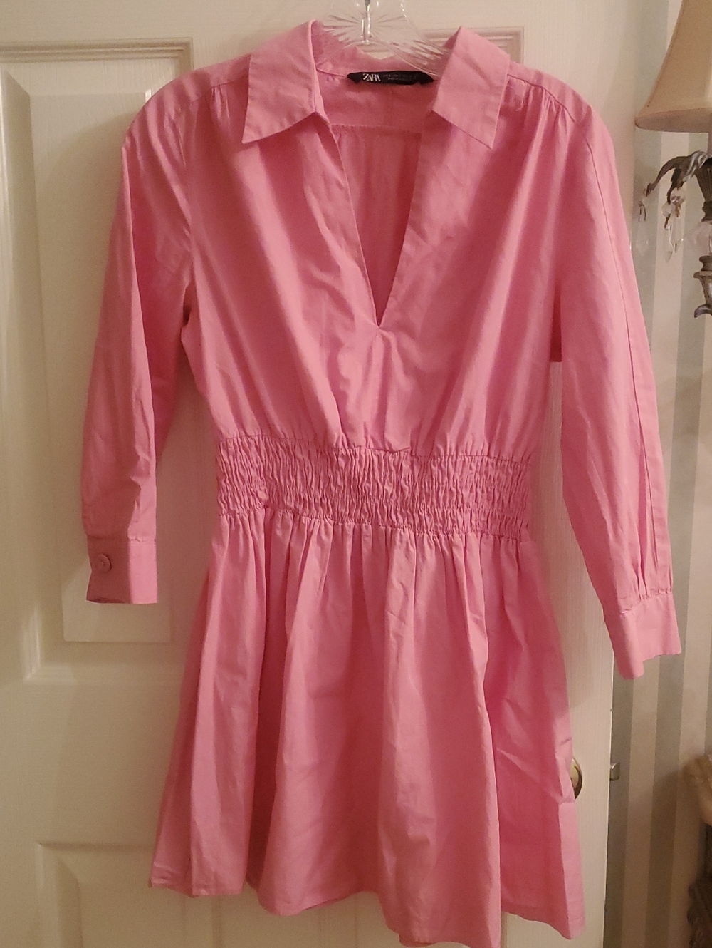 Zara Womens Small Pink V-Neck Shirred Waist Dress